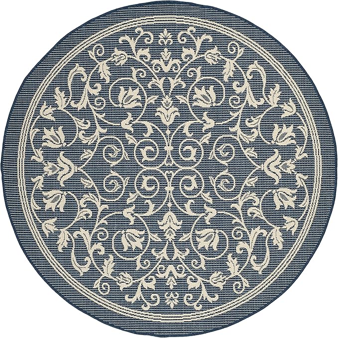 SAFAVIEH Courtyard Collection Area Rug - 6'7" Round, Navy & Beige, Scroll Design, Non-Shedding & Easy Care, Indoor/Outdoor & Washable-Ideal for Patio, Backyard, Mudroom (CY2098-268)