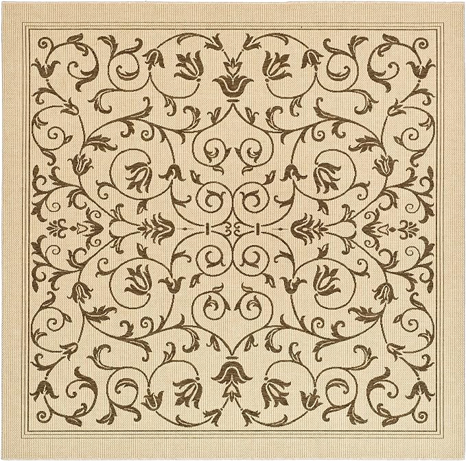 SAFAVIEH Courtyard Collection Area Rug - 6'7" Square, Natural & Brown, Scroll Design, Non-Shedding & Easy Care, Indoor/Outdoor & Washable-Ideal for Patio, Backyard, Mudroom (CY2098-3001)