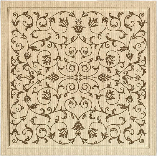 SAFAVIEH Courtyard Collection Area Rug - 6'7" Square, Natural & Brown, Scroll Design, Non-Shedding & Easy Care, Indoor/Outdoor & Washable-Ideal for Patio, Backyard, Mudroom (CY2098-3001)