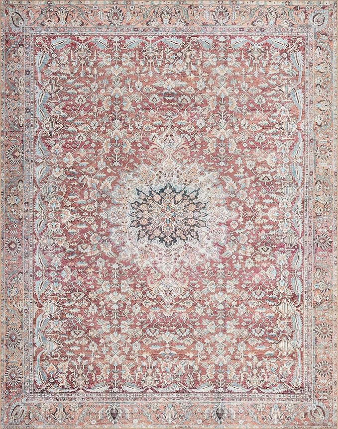 Loloi II Wynter Collection WYN-05 Tomato/Teal 2'-0" x 5'-0", .13" Thick, Accent Rug, Soft, Durable, Printed, Vintage Inspired, Low Pile, Non-Shedding, Easy Clean, Living Room Rug
