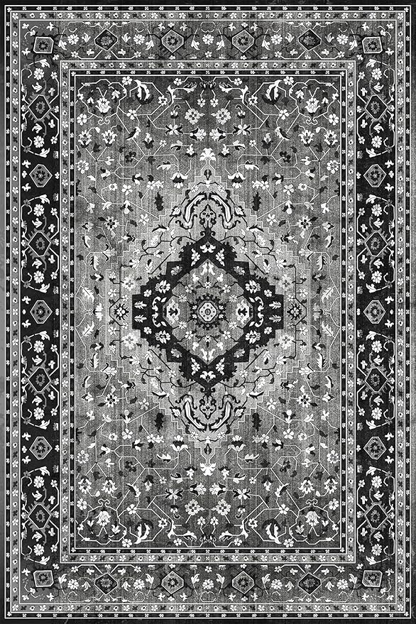 Yancorp 2'x3' Area Rug for Bedroom Non Slip Washable Rug Vintage Carpet Living Room Non-Shedding Indoor Floor Mats Bedroom Kitchen Entryway Rugs-Rectangle Black Grey