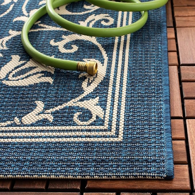 SAFAVIEH Courtyard Collection 6'7" Square Navy/Beige CY2098 Scroll Indoor/ Outdoor Waterproof Easy-Cleaning Patio Backyard Mudroom Area-Rug