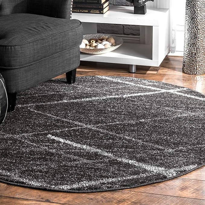 nuLOOM 6 Round Thigpen Contemporary Area Rug, Charcoal, Abstract Lines, Non-Slip Backing, Stain Resistant, For Bedroom, Dining Room, Living Room, Hallway, Office, Kitchen, Entryway