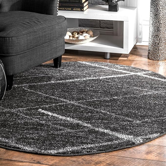 nuLOOM 6 Round Thigpen Contemporary Area Rug, Charcoal, Abstract Lines, Non-Slip Backing, Stain Resistant, For Bedroom, Dining Room, Living Room, Hallway, Office, Kitchen, Entryway