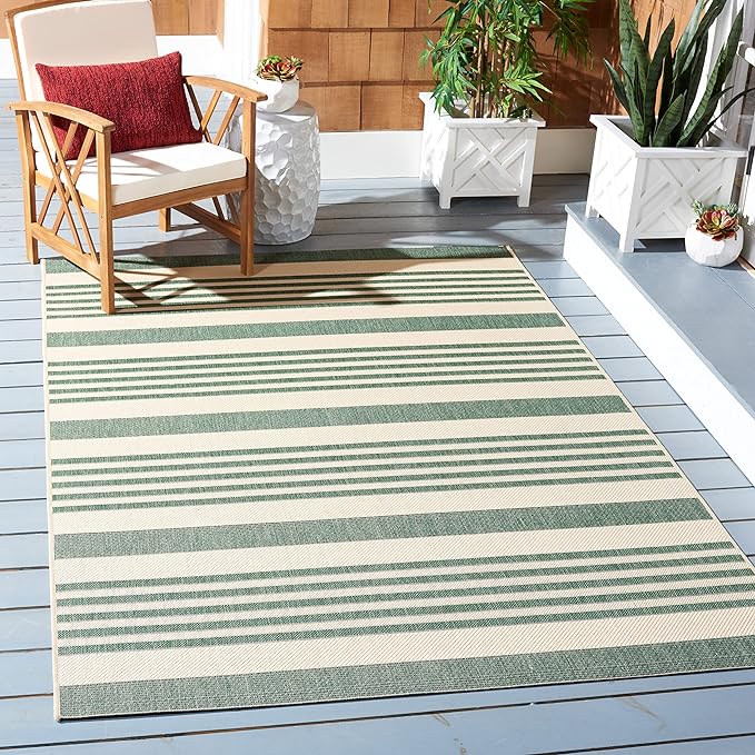SAFAVIEH Courtyard Collection Area Rug - 6'7" Square, Beige & Dark Green, Stripe Design, Non-Shedding & Easy Care, Indoor/Outdoor & Washable-Ideal for Patio, Backyard, Mudroom (CY6062-322)