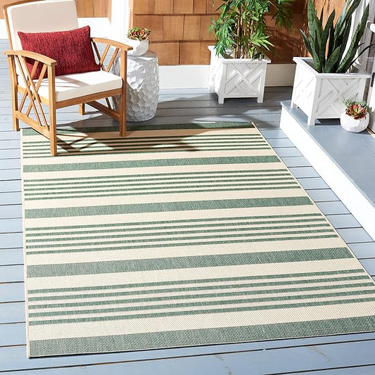SAFAVIEH Courtyard Collection Area Rug - 6'7" Square, Beige & Dark Green, Stripe Design, Non-Shedding & Easy Care, Indoor/Outdoor & Washable-Ideal for Patio, Backyard, Mudroom (CY6062-322)