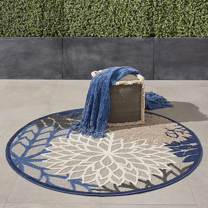 Nourison Aloha Indoor/Outdoor Blue/Multicolor 4' x Round Area Rug, Tropical, Botanical, Easy Cleaning, Non Shedding, Bed Room, Living Room, Dining Room, Deck, Backyard, Patio (4 Round)