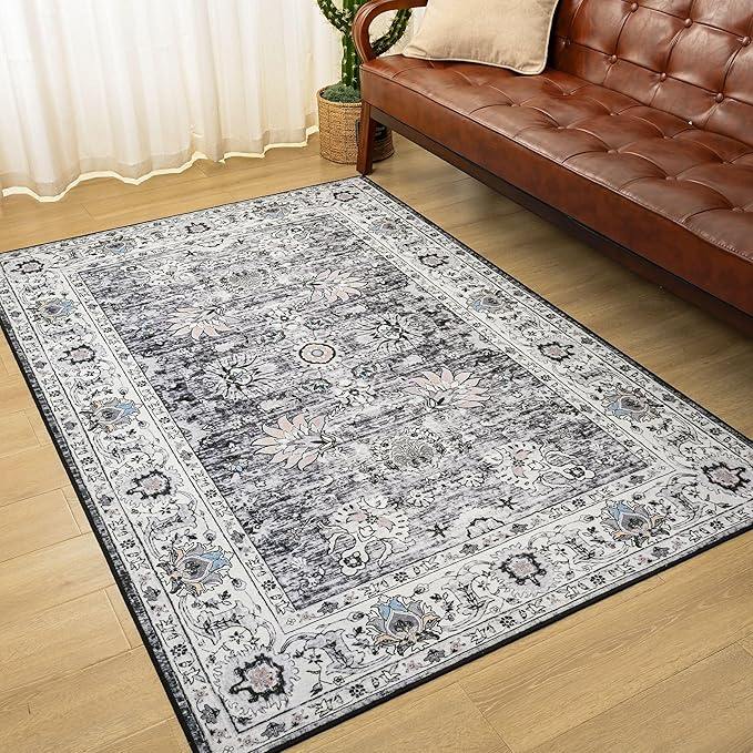 Washable Area Rug 4x6, Non-Slip Vintage Floral Rug Low Pile Stain Resistant Chenille Throw Carpet for Living Room Bedroom Kitchen Dining Room Dorm Farmhouse Boho Home Decor (Grey)