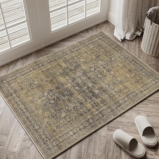 2x3 Brown Black Area Rug Washable Vintage Distressed Carpet Low Pile Entryway Door Mat Non Slip Indoor Soft Small Retro Entrance Throw Accent Rug Kitchen Bathroom Bedroom Dining Living Room
