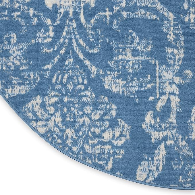 Nourison Jubilant Damask Blue 5'3" x Round Area -Rug, Easy -Cleaning, Non Shedding, Bed Room, Living Room, Dining Room, Kitchen (5 Round)