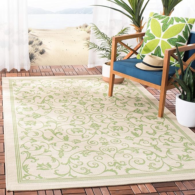SAFAVIEH Courtyard Collection Area Rug - 6'7" Square, Natural & Brown, Scroll Design, Non-Shedding & Easy Care, Indoor/Outdoor & Washable-Ideal for Patio, Backyard, Mudroom (CY2098-3001)