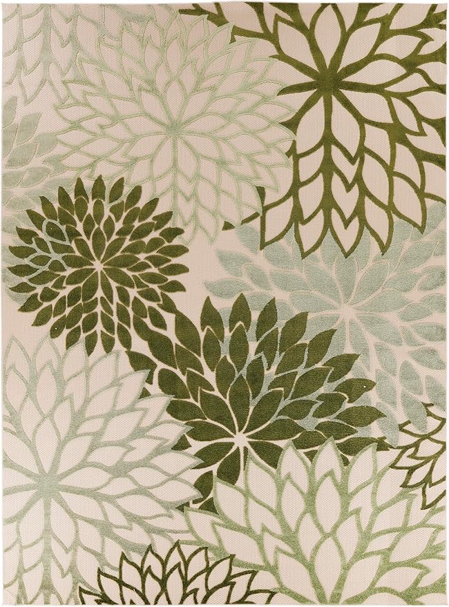 Nourison Aloha Indoor-Outdoor Ivory Green 9' x 12' Area Rug, Easy Cleaning, Non Shedding, Bed Room, Living Room, Dining Room, Backyard, Patio, Deck (9x12)