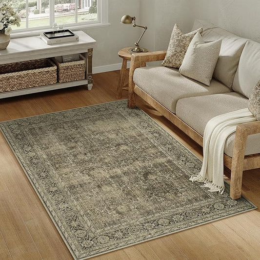 Vintage Area Rug 4x6 Light Brown Bedroom Indoor Kitchen Washable Living Room Carpet Tribal Distressed Retro Accent Throw Rug for Office Dining Room Bathroom Faux Wool