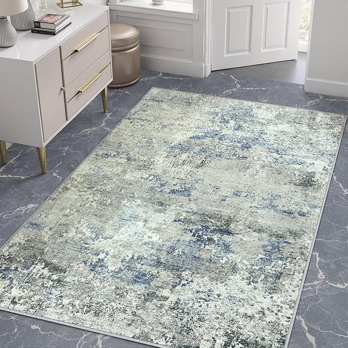 4x6 Area Rugs for Living Room Blue Grey Non Slip Washable Neutral Modern Abstract Indoor Rug Thin Soft Throw Low Pile Kitchen Carpet for Bedroom Dining Room Farmhouse Home Office Decor