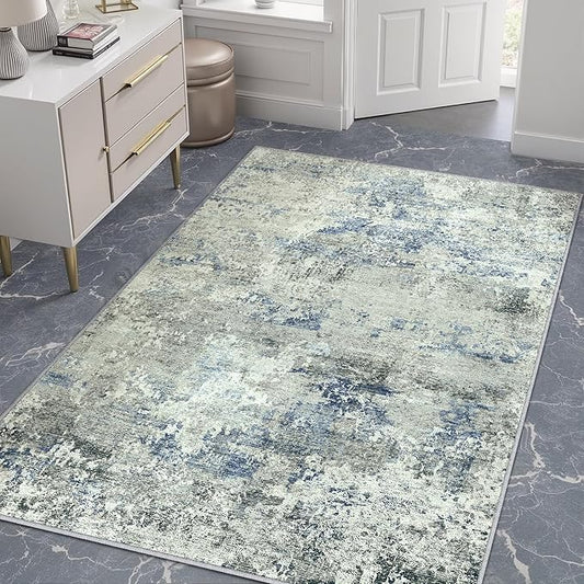 4x6 Area Rugs for Living Room Blue Grey Non Slip Washable Neutral Modern Abstract Indoor Rug Thin Soft Throw Low Pile Kitchen Carpet for Bedroom Dining Room Farmhouse Home Office Decor