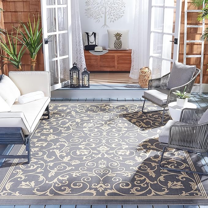 SAFAVIEH Courtyard Collection CY2098 Scroll Indoor/ Outdoor Non-Shedding Easy Cleaning Patio Backyard Porch Deck Mudroom Area Rug, 9' x 12', Grey / Natural