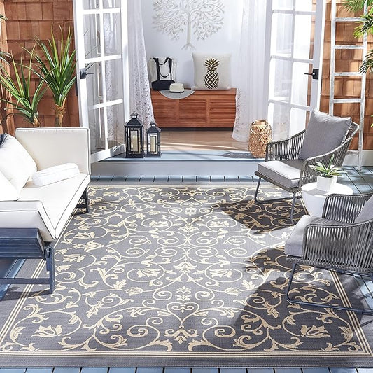 SAFAVIEH Courtyard Collection CY2098 Scroll Indoor/ Outdoor Non-Shedding Easy Cleaning Patio Backyard Porch Deck Mudroom Area Rug, 9' x 12', Grey / Natural