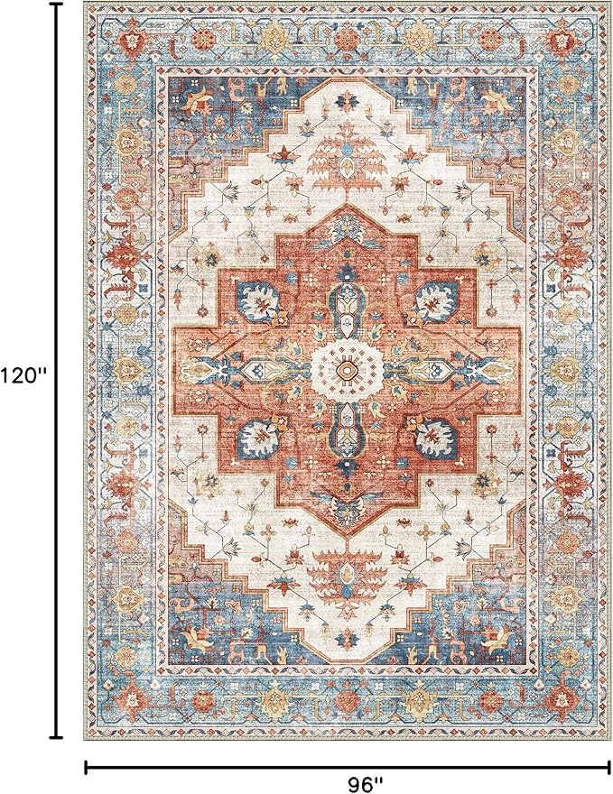 8X10 Area Rugs Machine Washable Rugs for Living Room, Vintage Boho Large Rugs for Bedroom Dining Room, Non Slip Indoor Soft Distressed Lightweight Thin Low Pile Carpet, Blue Beige Orange