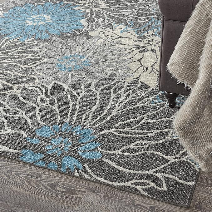 Nourison Passion Charcoal/Blue 6'7" x 9'6" Area Rug, Floral, Farmhouse, Easy Cleaning, Non Shedding, Bed Room, Living Room, Dining Room, Kitchen, (7' x 10')