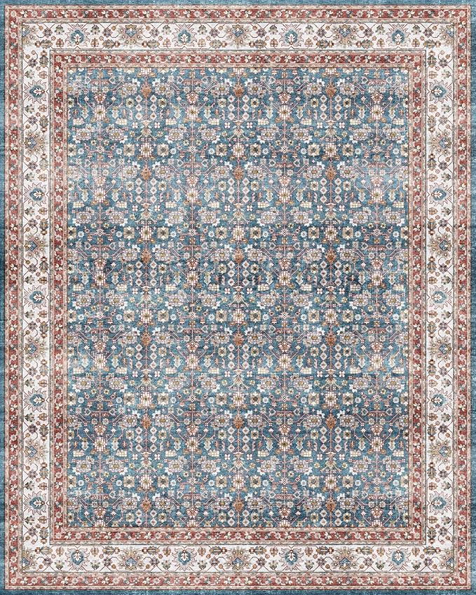 Dripex 8x10 Area Rugs, Machine Washable Non Slip Distressed Boho Rugs,Large Area Rug for Bedroom Aesthetic, No Pile Lightweight Vintage Rug, Carpet for Living Room Dining Room Apartment,Blue and Red