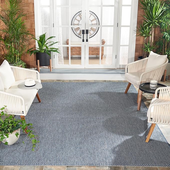 SAFAVIEH Courtyard Collection 7'1" Square Navy/Grey CY8521 Indoor/ Outside Waterproof Easy cleansingPatio Backyard Mudroom Area Mat