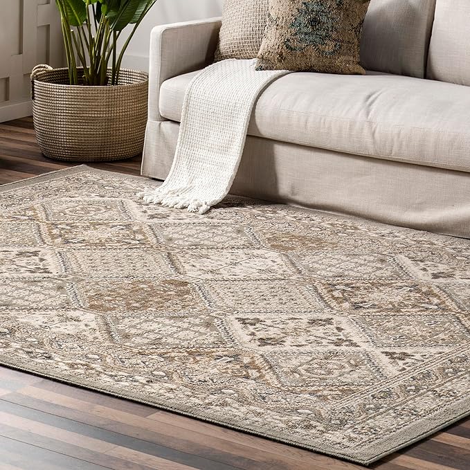 nuLOOM 8' Square Becca Traditional Tiled Area Rug, Becca Taupe, Faded Transitional Design, Stain Resistant, for Bedroom, Dining Room, Living Room, Hallway, Office, Kitchen, Entryway
