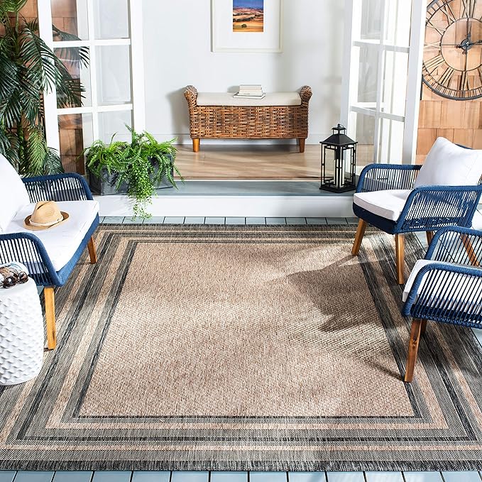 SAFAVIEH Courtyard Collection Area Rug - 7'10" Square, Natural & Black, Indoor/Outdoor, Weather Resistant & Washable, Ideal for Patio, Backyard, Mudroom, Deck (CY8475)
