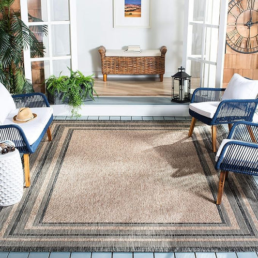 SAFAVIEH Courtyard Collection Area Rug - 7'10" Square, Natural & Black, Indoor/Outdoor, Weather Resistant & Washable, Ideal for Patio, Backyard, Mudroom, Deck (CY8475)
