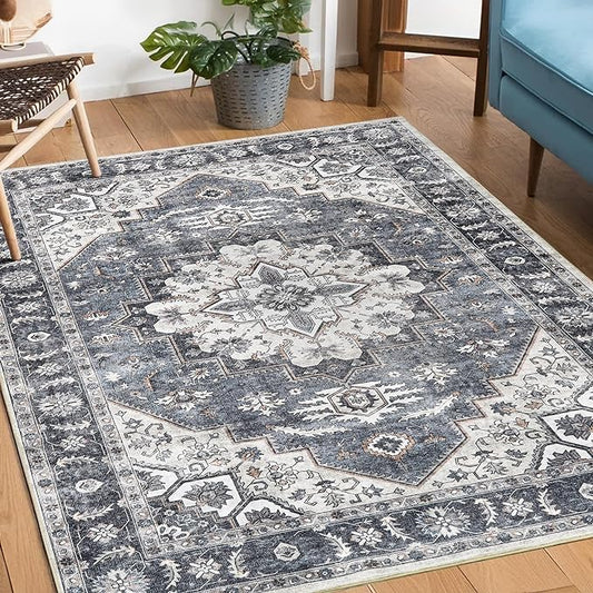 3x5 Area Rugs Washable Boho Rug, Non Slip Carpet for Living Room, Boho Vintage Design Rug, Foldable Soft Low-Pile Rug, Blue/Gray-Brown