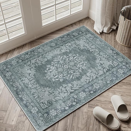 2x3 Area Rug Gray Washable Entryway Door Mat Indoor Vintage Medallion Floral Carpet Kitchen Bathroom Distressed Entrance Retro Small Non Slip Accent Throw Bedroom Office Dining Living Room