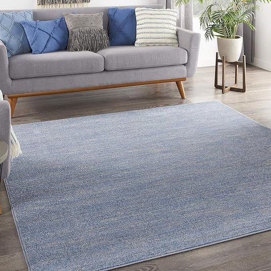 Nourison Essentials Indoor/Outdoor Blue/Grey 7' x Square Area Rug, Easy Cleaning, Non Shedding, Bed Room, Living Room, Dining Room, Backyard, Deck, Patio (7 Square)