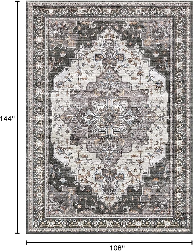 Area Rugs for Living Room 9x12 Machine Washable Rug, Boho Vintage Retro Large Floral Medallion Carpet for Bedroom Dining Room, Low Pile Lightweight Thin Non Slip Rug，Dark Grey