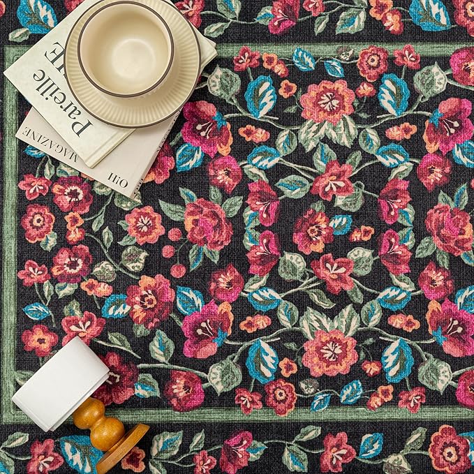 Black Area Rug 4x6 Washable Living Room Non Slip Kitchen Soft Floral Indoor Carpet Vintage Low Pile Accent Throw Rug for Office Dining Room Nursery Bathroom Farmhouse