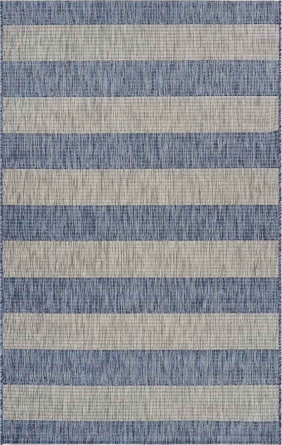 LR Home 8 x 10 Indoor / Outdoor Area Rug for Home Decor | Coastal Striped large size carpet for living room, bedroom, playroom, patio, garden | Modern farmhouse rug | Navy / Gray
