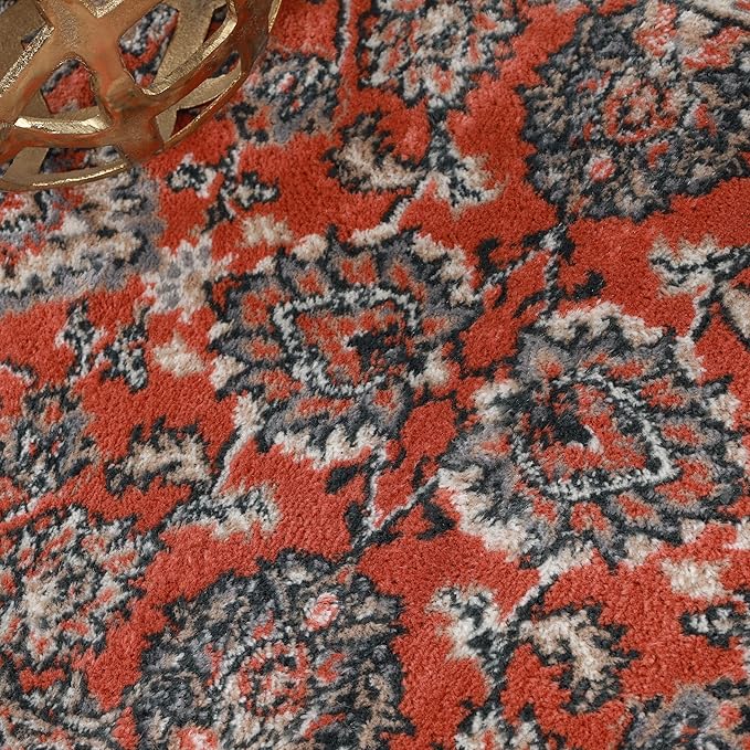 Superior Indoor Runner Rug, with Jute Backing, Chic Bordered Floor Decor for Living Room, Bedroom, Office, Entryway, Kitchen, Dining, Floral Design, Lille Collection, 2' 7" x 8', Salmon