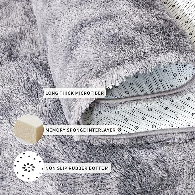 Tepook Fluffy Runner Rugs for Bedroom Aesthetic 2x6 Feet, Shag Soft Bedside Rug with Non-Slip Bottom, Fuzzy Plush Carpet for Room, Hallway Rug for Nursery Dorm Indoor Home Decor, Tie-dye Light Grey