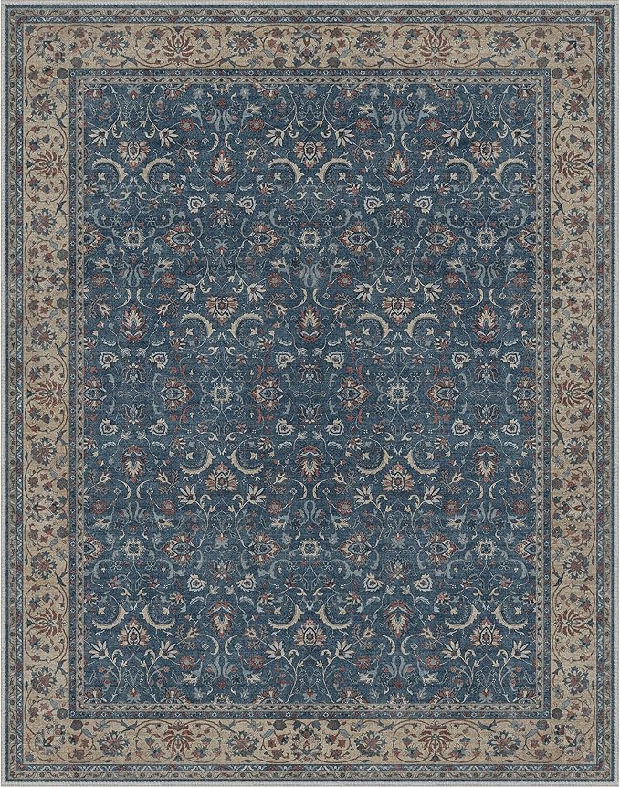 8X10 Area Rugs Machine Washable Rugs for Living Room, Vintage Boho Large Rugs for Bedroom Dining Room, Non Slip Indoor Soft Distressed Lightweight Thin Low Pile Carpet, Indigo