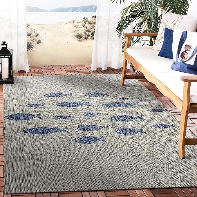 LR Home 8 x 10 Indoor / Outdoor Area Rug for Home Decor | Coastal School of Fish large size carpet for living room, bedroom, playroom, patio, garden | Modern farmhouse rug | Gray / Navy