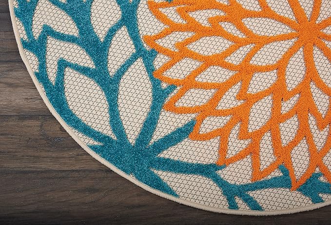 Nourison Aloha Indoor/Outdoor Multicolor 4' x Round Area Rug, Tropical, Botanical, Easy Cleaning, Non Shedding, Bed Room, Living Room, Dining Room, Deck, Backyard, Patio (4 Round)