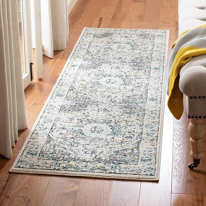 SAFAVIEH Evoke Collection 2'2" x 9' Grey / Gold EVK220B Shabby Chic Oriental Medallion Non-Shedding Living Room Entryway Foyer Hallway Bedroom Runner Rug