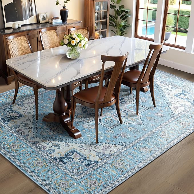 YJ.GWL Area Rug for Living Room, 4x6 Machine Washable Boho Rug for Bedroom, Low Pile Lightweight Thin Rugs Floral Vintage Distress Print Pattern Carpet for Dining Room, Light Blue