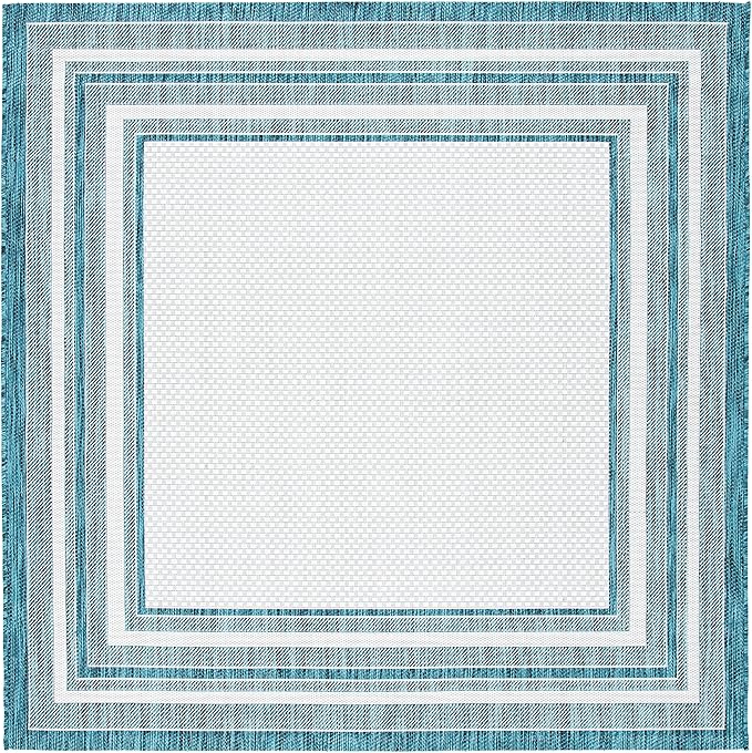 SAFAVIEH Courtyard Collection Area Rug - 9' Square, Ivory & Teal, Indoor/Outdoor, Weather Resistant & Washable, Ideal for Patio, Backyard, Mudroom, Deck (CY8475)