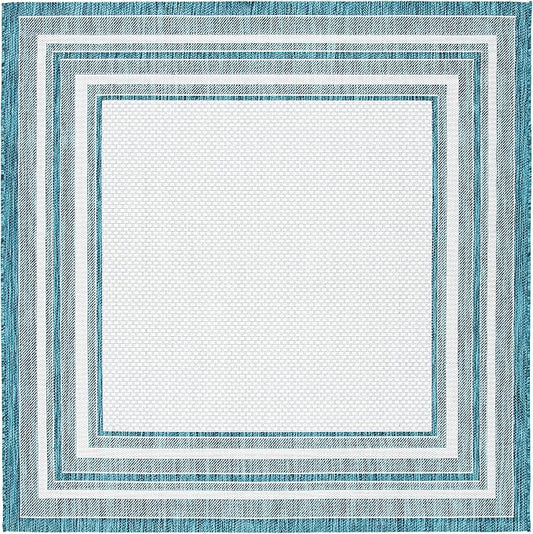SAFAVIEH Courtyard Collection Area Rug - 9' Square, Ivory & Teal, Indoor/Outdoor, Weather Resistant & Washable, Ideal for Patio, Backyard, Mudroom, Deck (CY8475)