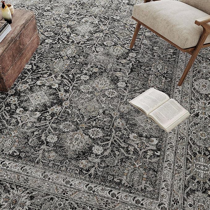 Vintage Area Rug 4x6 Black Entryway Office Washable Carpet Non Slip Bedroom Indoor Living Room Door Mat Low Pile Traditional Distressed Retro Accent Rug for Dining Room Bathroom Kitchen
