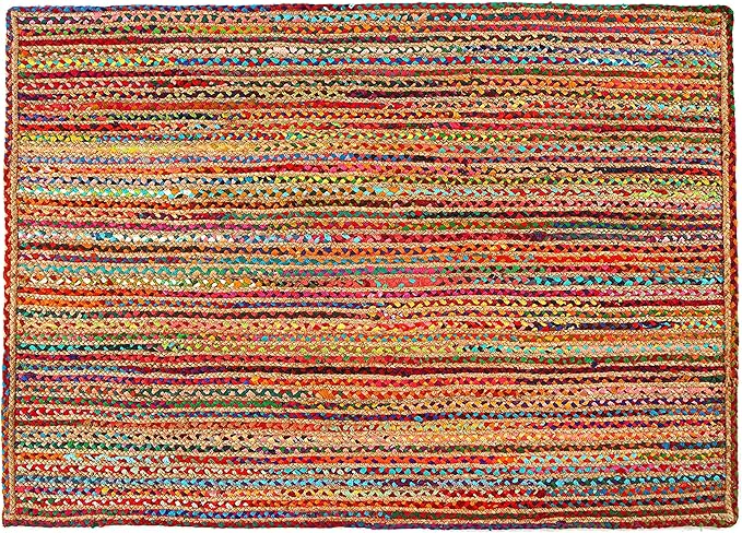 GRUHUM 8x10ft Jute Area Rug Natural Fibre Handmade Boho Farmhouse Soft Braided Chindi Rustic Vintage Rug for Indoor Kitchen Bedroom Living Room Hallways Enterways 8x10 feet Multicolor