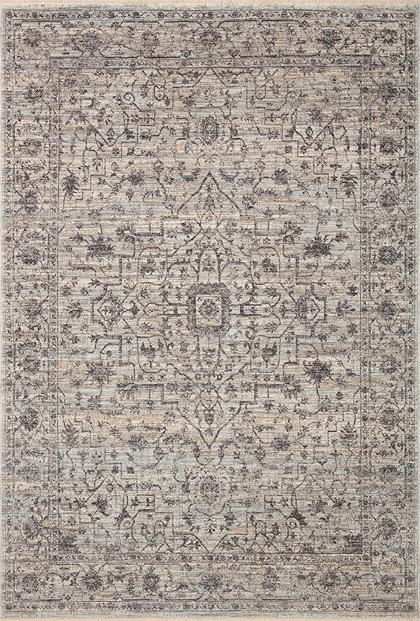 Loloi Sorrento Collection 7'-10" x 7'-10" Round Accent Rug in Mist/Charcoal - Vintage Inspired Patterned Area Rug, Unique Area Rug for Living Room, Bedroom, Dining Area