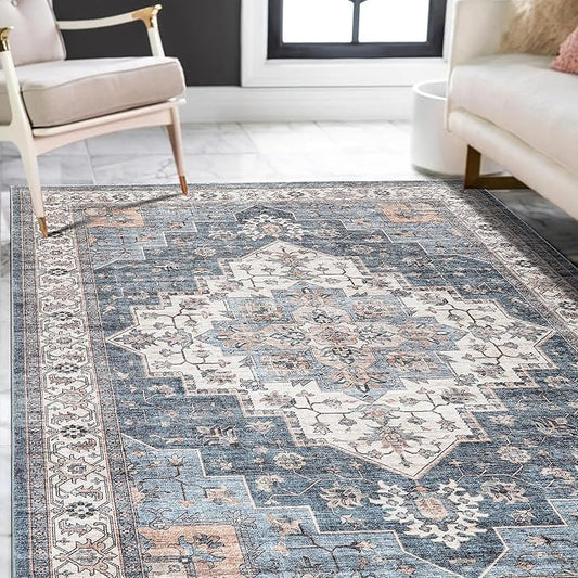 Vintage Area Rug, 6x9 Washable Rugs for Living Room Bedroom Indoor Throw Rug, Distressed Boho Country Accent, Thin Low-Pile Floor Carpet for Kids Pet (Navy/Brown)