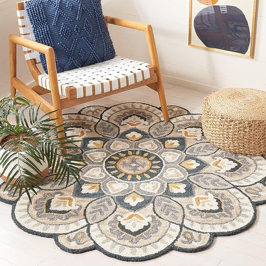 SAFAVIEH Novelty Collection Area Rug - 6' Round, Beige & Navy, Handmade Wool, Flower Design, Ideal for High Traffic Areas in Living Room, Bedroom, Dining (NOV604B-6R)