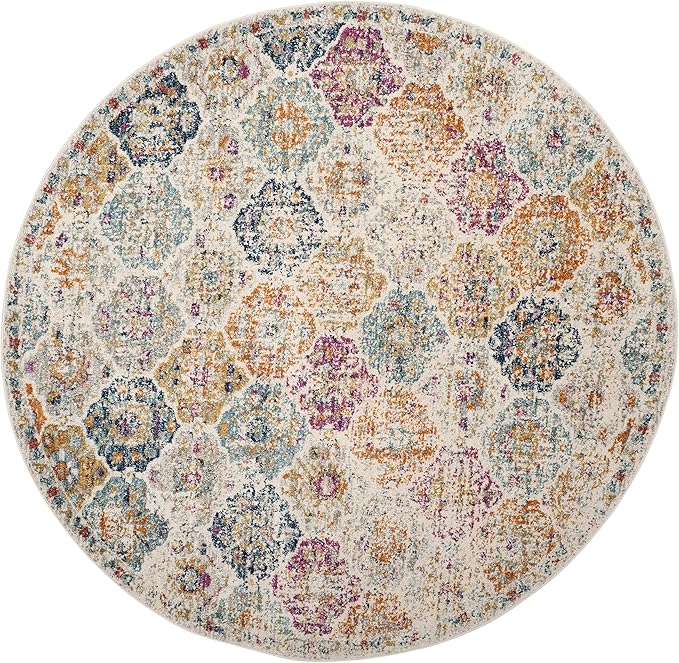 SAFAVIEH Madison Collection 11' Round Cream / Multi MAD611B Boho Chic Floral Medallion Trellis Distressed Non-Shedding Dining Room Entryway Foyer Living Room Bedroom Area Rug