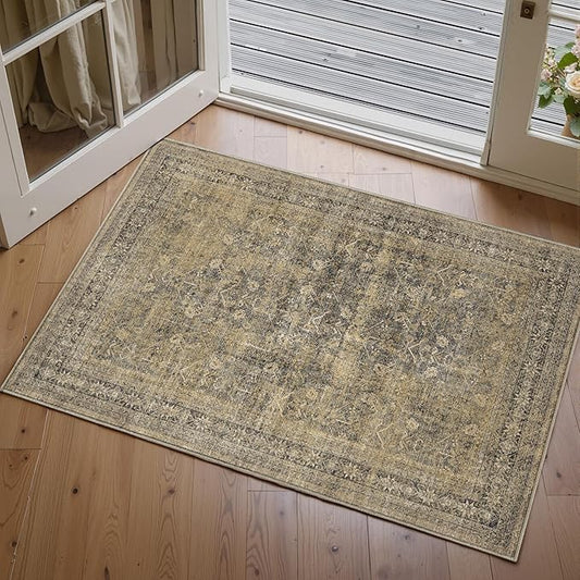 2x3 Brown Black Area Rug Washable Vintage Distressed Carpet Low Pile Entryway Door Mat Non Slip Indoor Soft Small Retro Entrance Throw Accent Rug Kitchen Bathroom Bedroom Dining Living Room